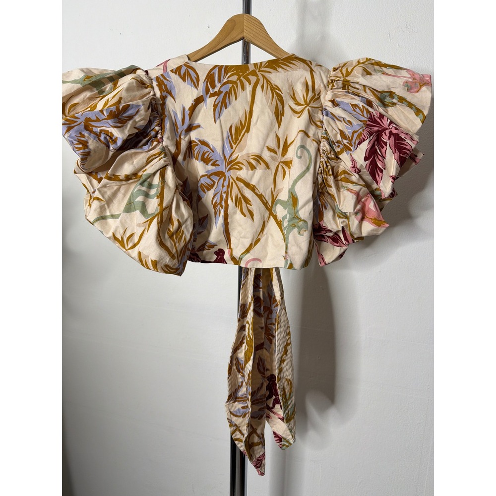 Eugenia Fernandez Tropical Puff Sleeve Wrap Crop Top Pink Mustard XS - Picture 4 of 4